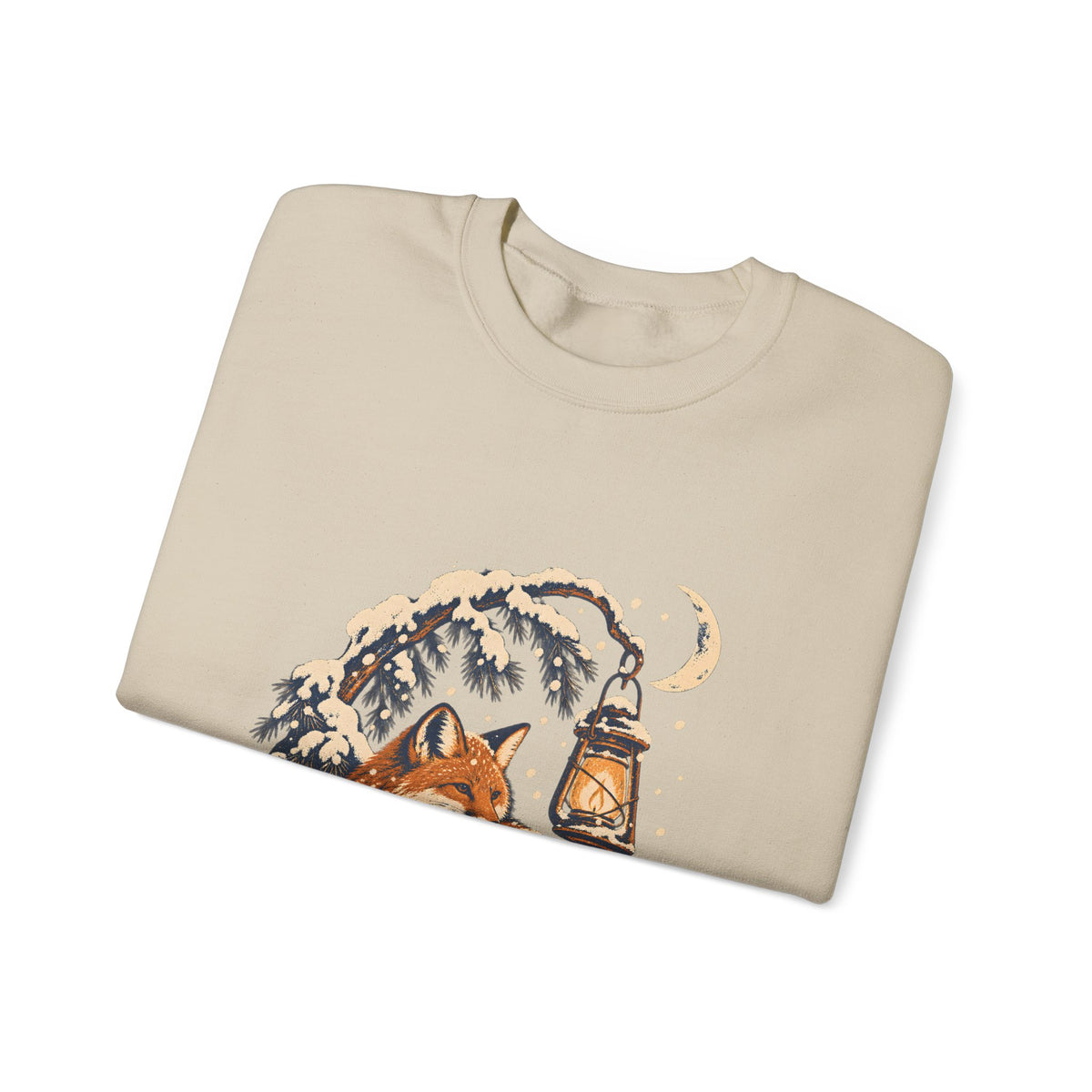 Fox and Lantern Winter Graphic Crewneck Sweatshirt | Gildan 18000 Sand