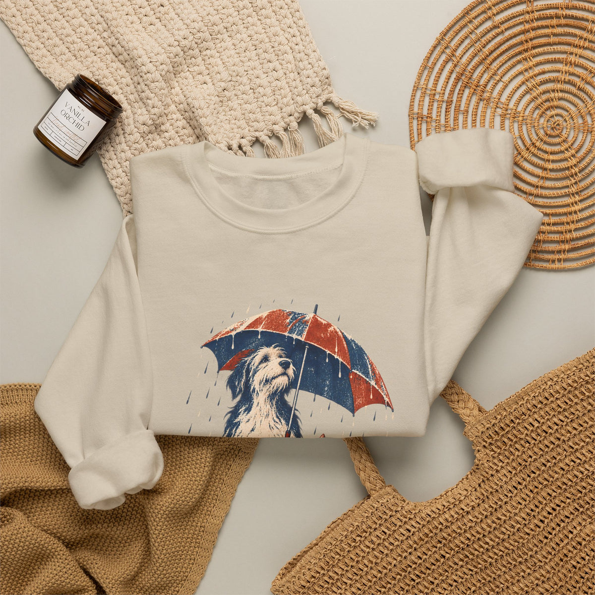 Dog and Cat Under One Umbrella Graphic Crewneck Sweatshirt | Gildan Sand