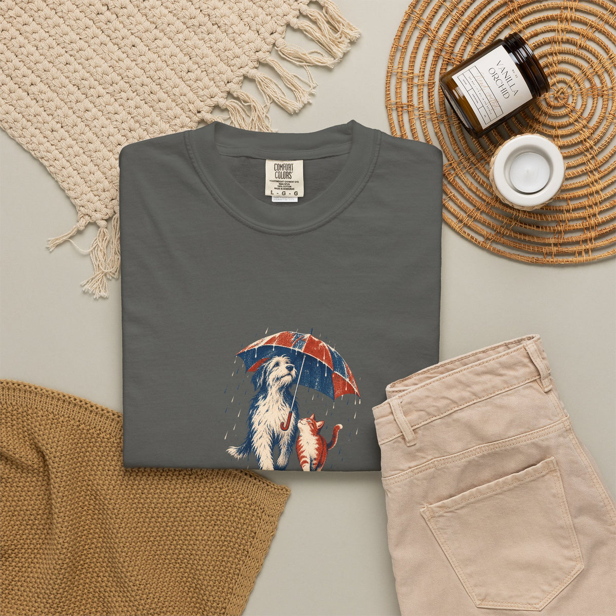 Dog and Cat Under One Umbrella Graphic T-Shirt | Comfort Colors Pepper