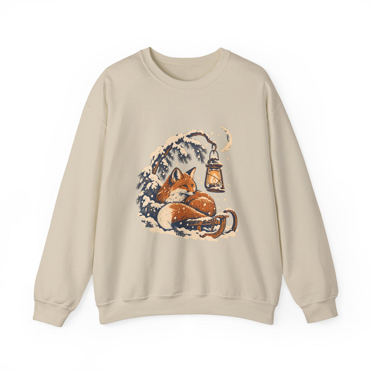 Fox and Lantern Winter Graphic Crewneck Sweatshirt | Gildan 18000 Sand