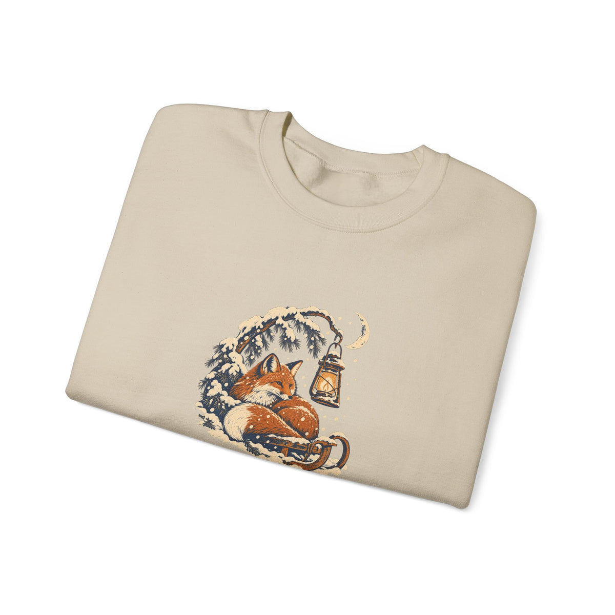 Fox and Lantern Winter Graphic Crewneck Sweatshirt | Gildan 18000 Sand