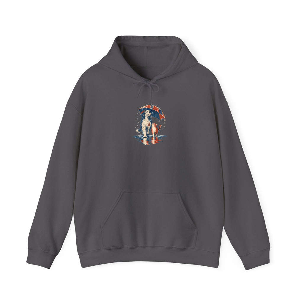 Charcoal Gildan 18500 pullover hoodie with a dog and cat sharing one umbrella in the rain, aged screenprint-style graphic