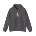 Charcoal Gildan 18500 pullover hoodie with a dog and cat sharing one umbrella in the rain, aged screenprint-style graphic