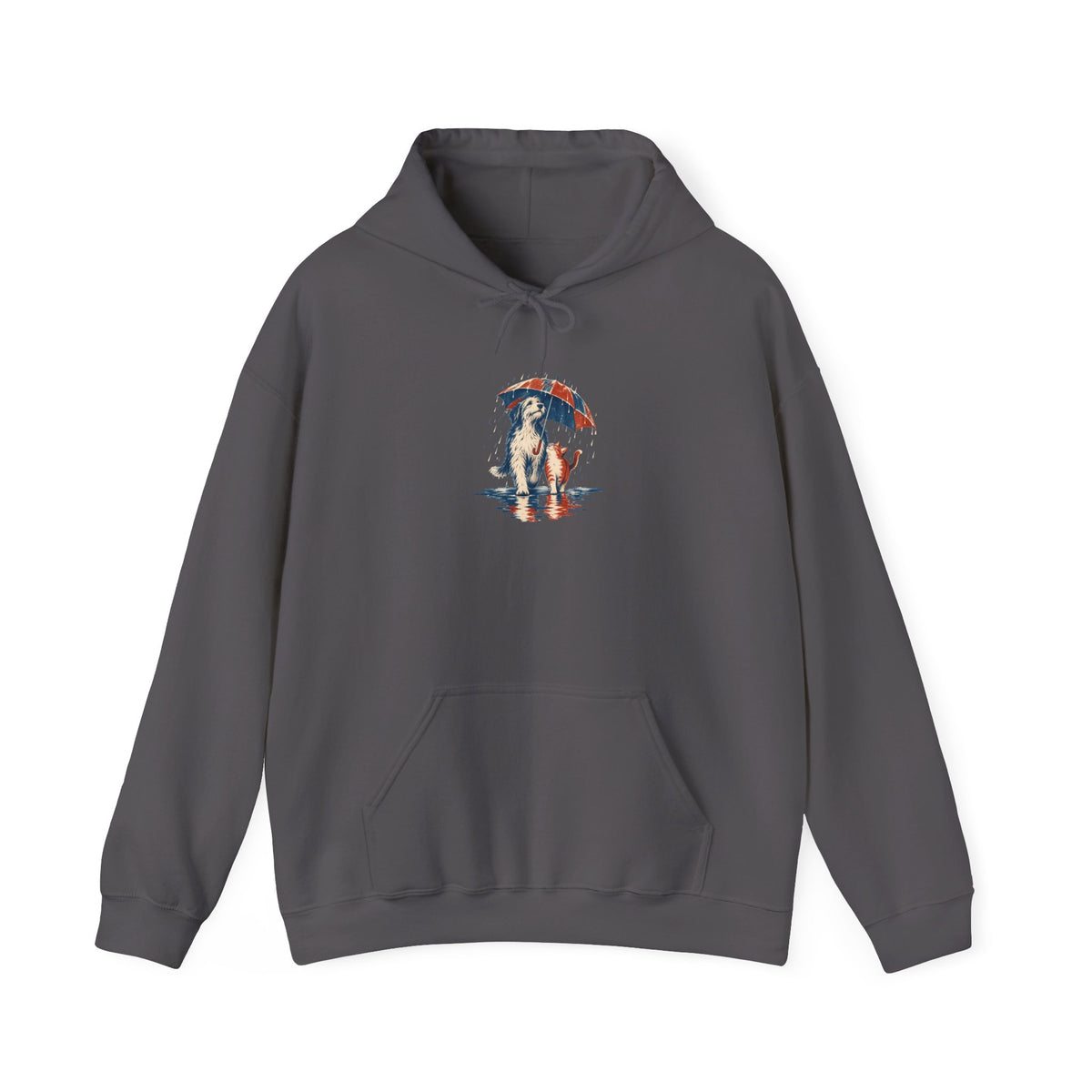 Charcoal Gildan 18500 pullover hoodie with a dog and cat sharing one umbrella in the rain, aged screenprint-style graphic