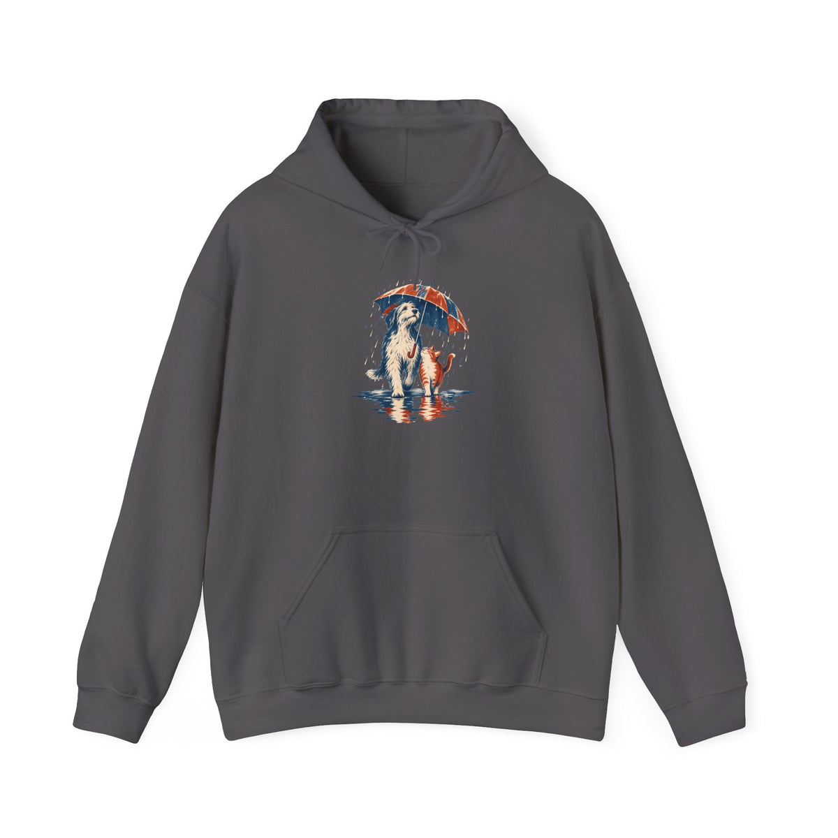 Dog and Cat Under One Umbrella Graphic Pullover Hoodie | Gildan Charcoal