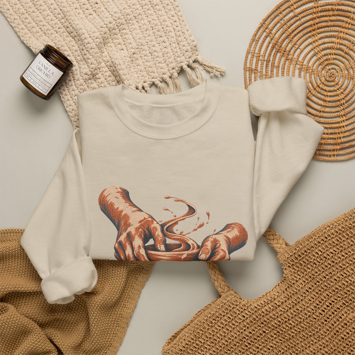 Pottery Wheel Hands Graphic Crewneck Sweatshirt | Gildan 18000 Sand