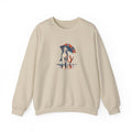 Sand Gildan 18000 crewneck sweatshirt with a dog and cat sharing one umbrella in the rain, aged screenprint-style graphic