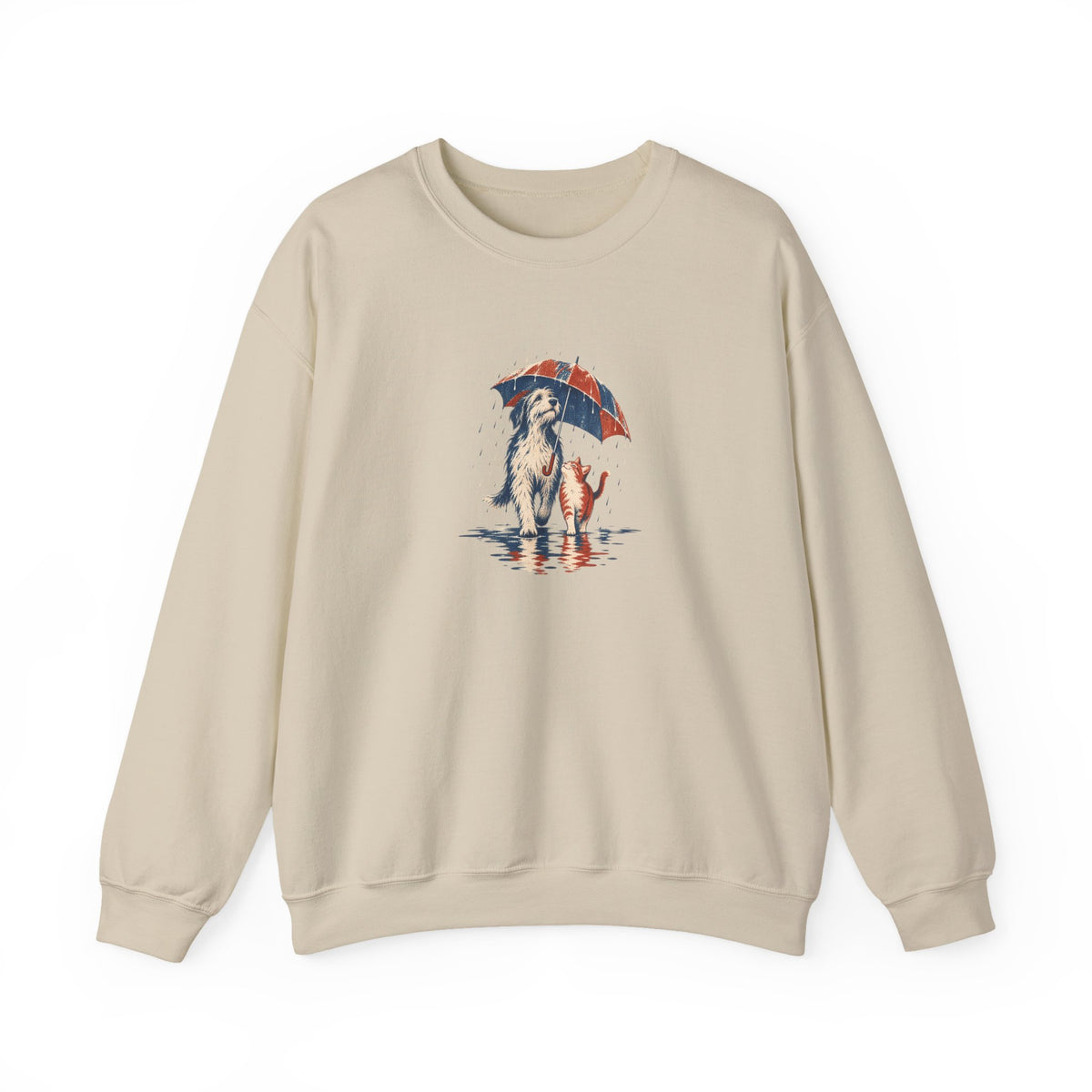 Sand Gildan 18000 crewneck sweatshirt with a dog and cat sharing one umbrella in the rain, aged screenprint-style graphic