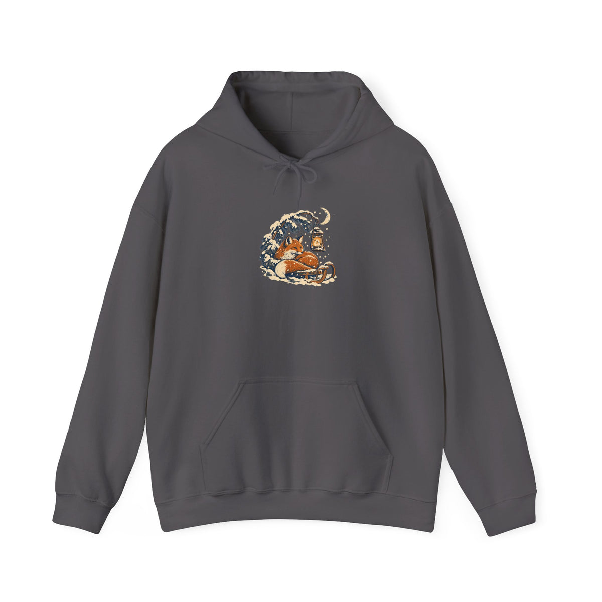 Charcoal Gildan 18500 pullover hoodie with a fox curled beside a lantern on a snowy pine branch, folk screenprint-style graphic