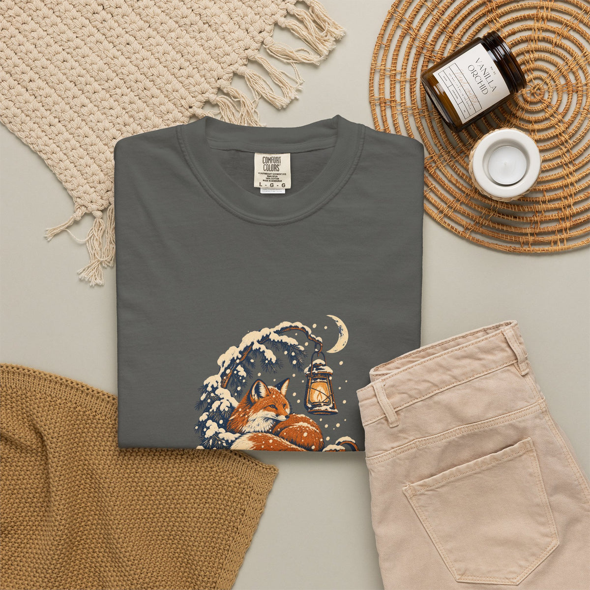 Fox and Lantern Winter Graphic T-Shirt | Comfort Colors 1717 Pepper Tee