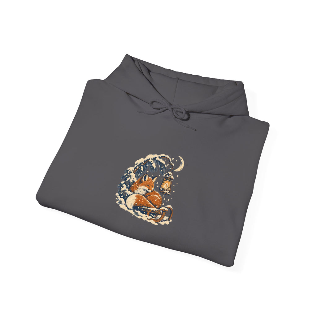Fox and Lantern Winter Graphic Pullover Hoodie | Gildan 18500 Charcoal