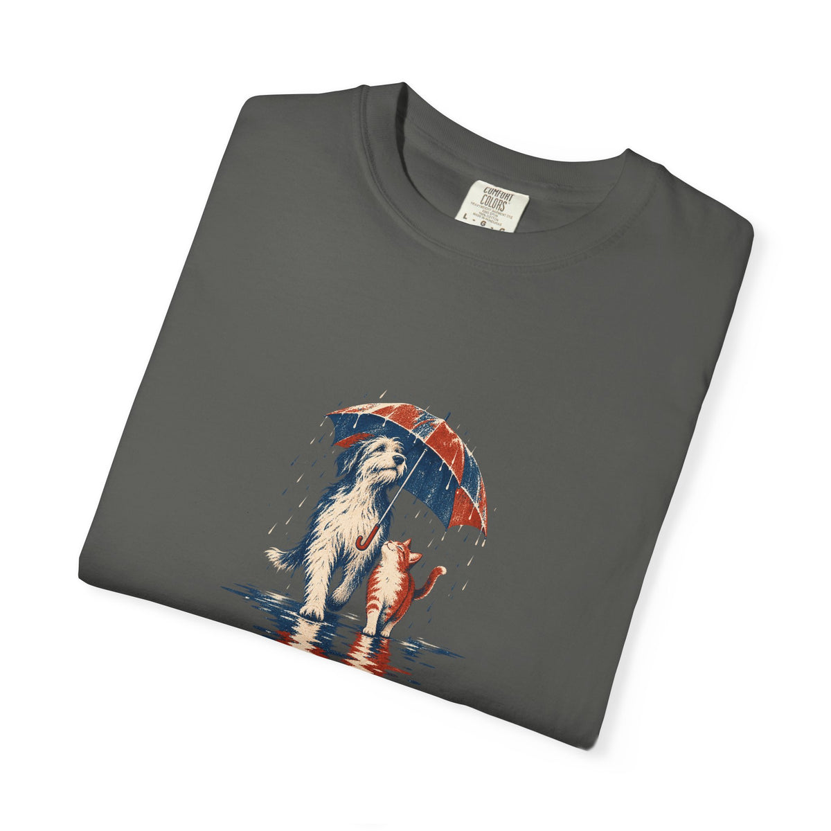 Dog and Cat Under One Umbrella Graphic T-Shirt | Comfort Colors Pepper