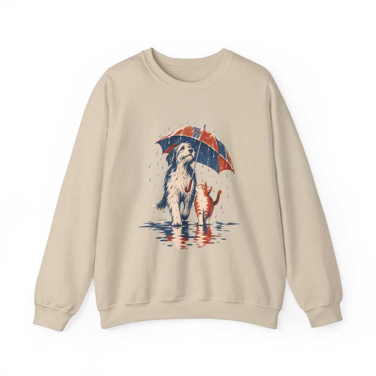 Dog and Cat Under One Umbrella Graphic Crewneck Sweatshirt | Gildan Sand