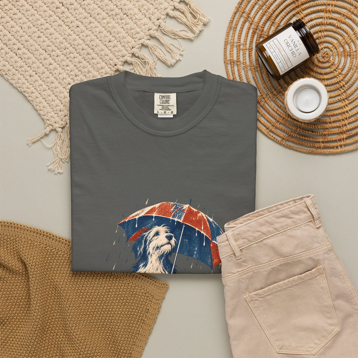 Dog and Cat Under One Umbrella Graphic T-Shirt | Comfort Colors Pepper