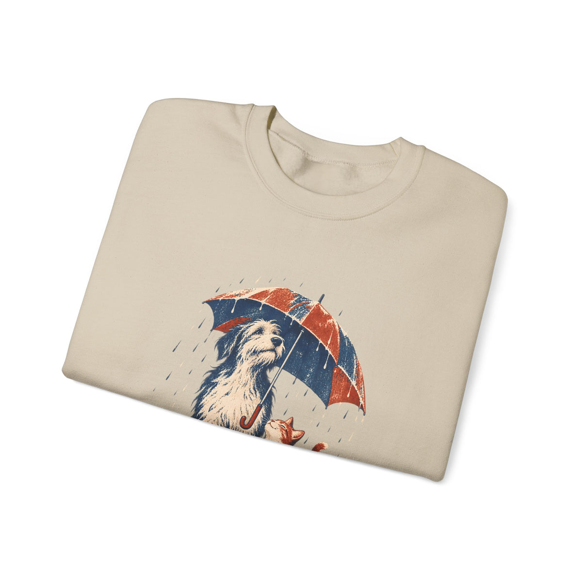 Dog and Cat Under One Umbrella Graphic Crewneck Sweatshirt | Gildan Sand