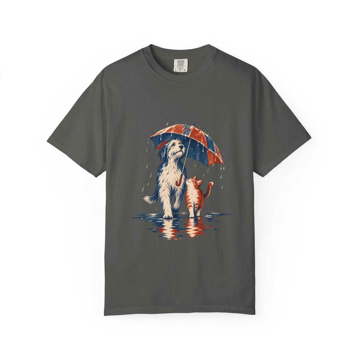 Dog and Cat Under One Umbrella Graphic T-Shirt | Comfort Colors Pepper