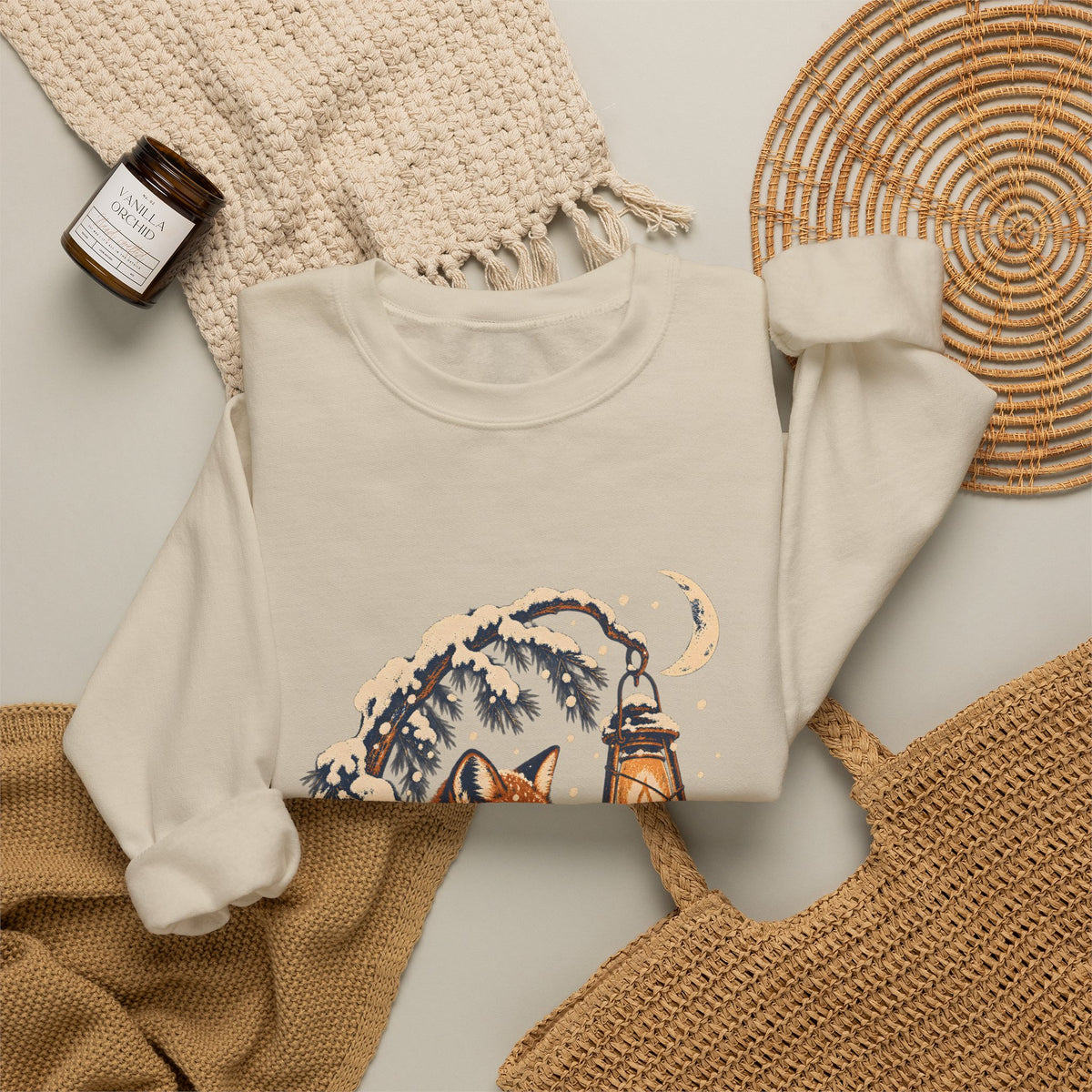 Fox and Lantern Winter Graphic Crewneck Sweatshirt | Gildan 18000 Sand