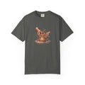 Pepper Comfort Colors 1717 t-shirt with cupped hands shaping clay on a pottery wheel, worn screenprint-style graphic