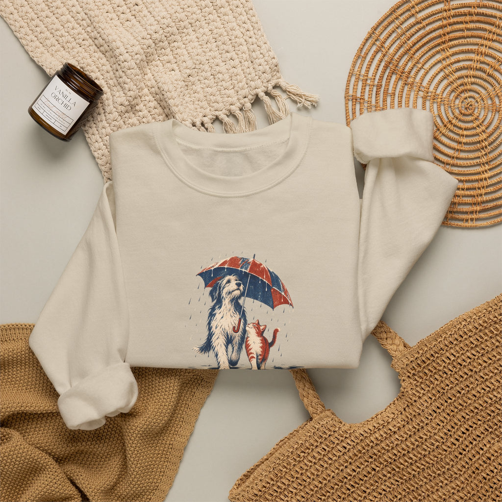 Dog and Cat Under One Umbrella Graphic Crewneck Sweatshirt | Gildan Sand