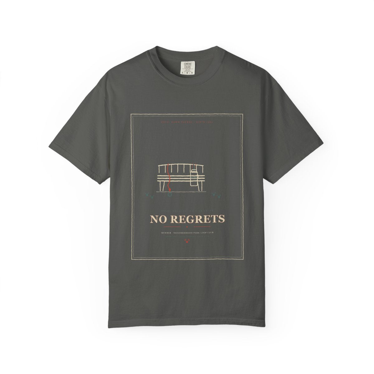6AM Walk, No Regrets Tee flat front in Pepper