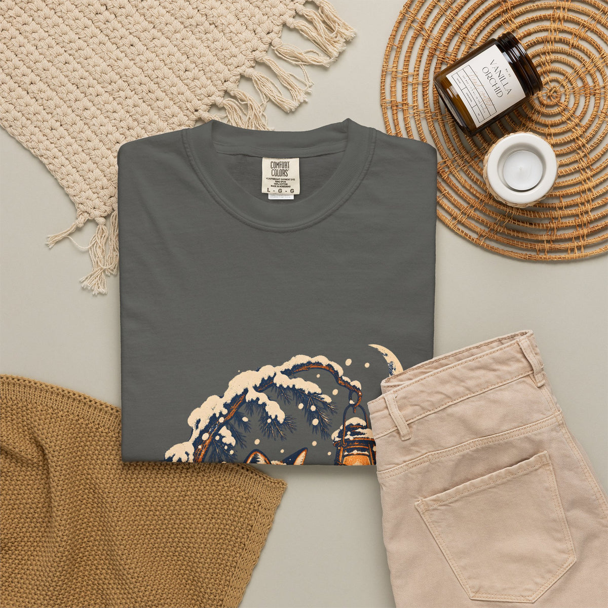 Fox and Lantern Winter Graphic T-Shirt | Comfort Colors 1717 Pepper Tee