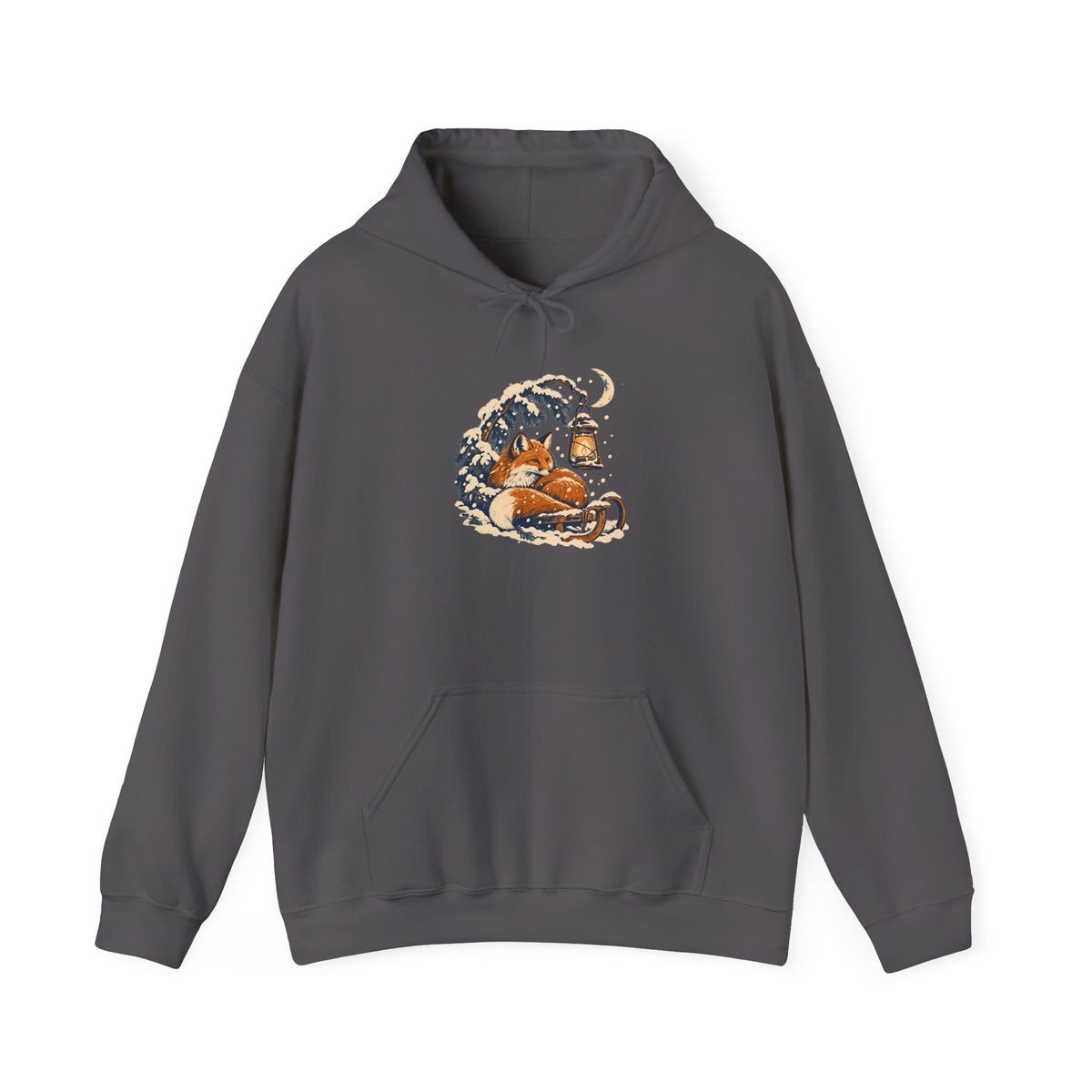 Fox and Lantern Winter Graphic Pullover Hoodie | Gildan 18500 Charcoal