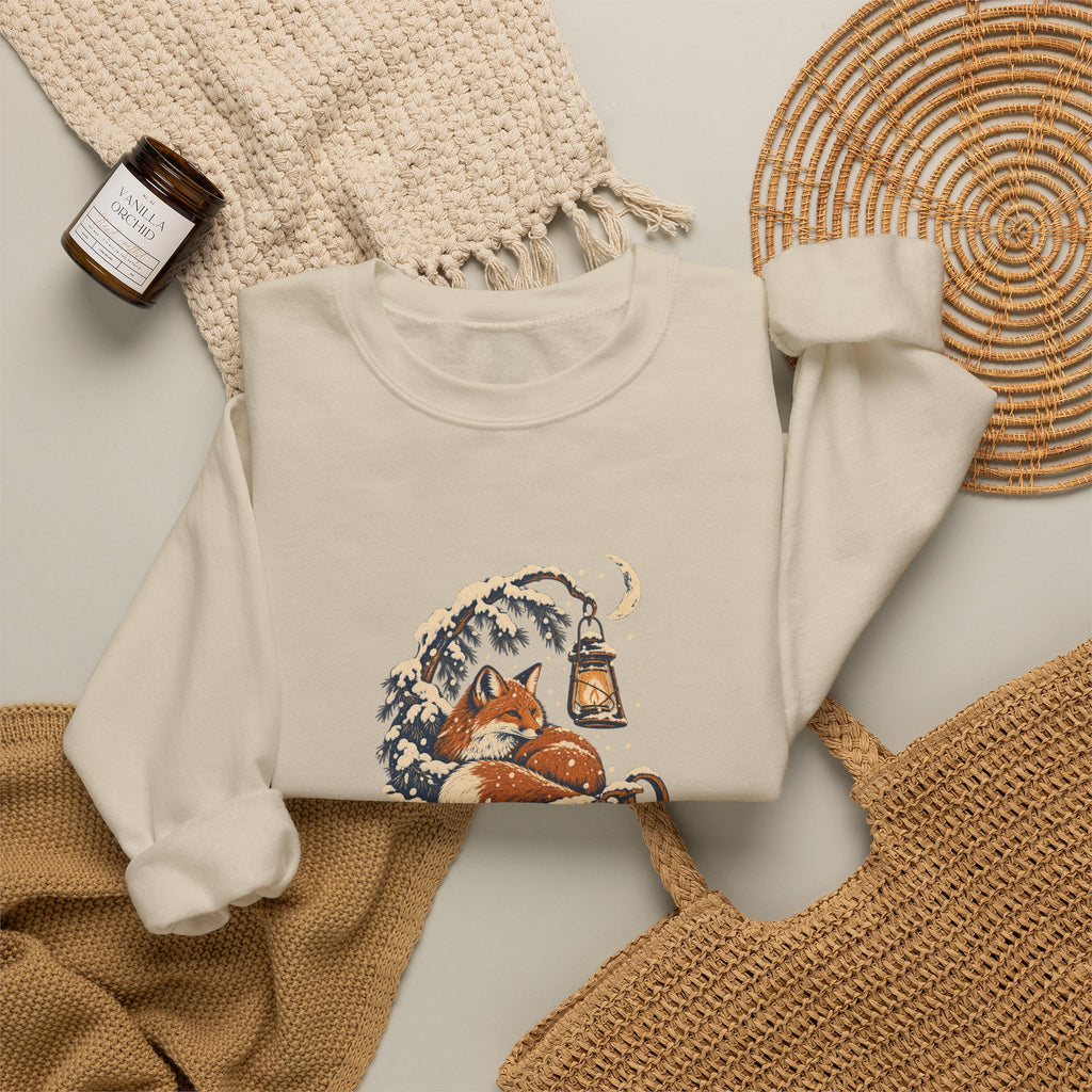 Fox and Lantern Winter Graphic Crewneck Sweatshirt | Gildan 18000 Sand