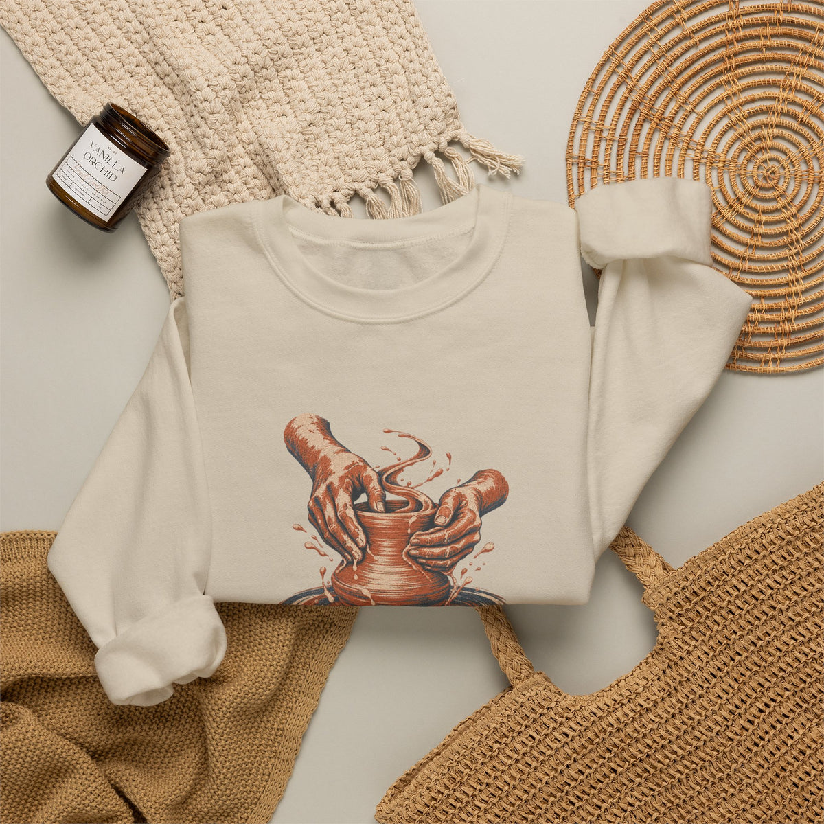 Pottery Wheel Hands Graphic Crewneck Sweatshirt | Gildan 18000 Sand