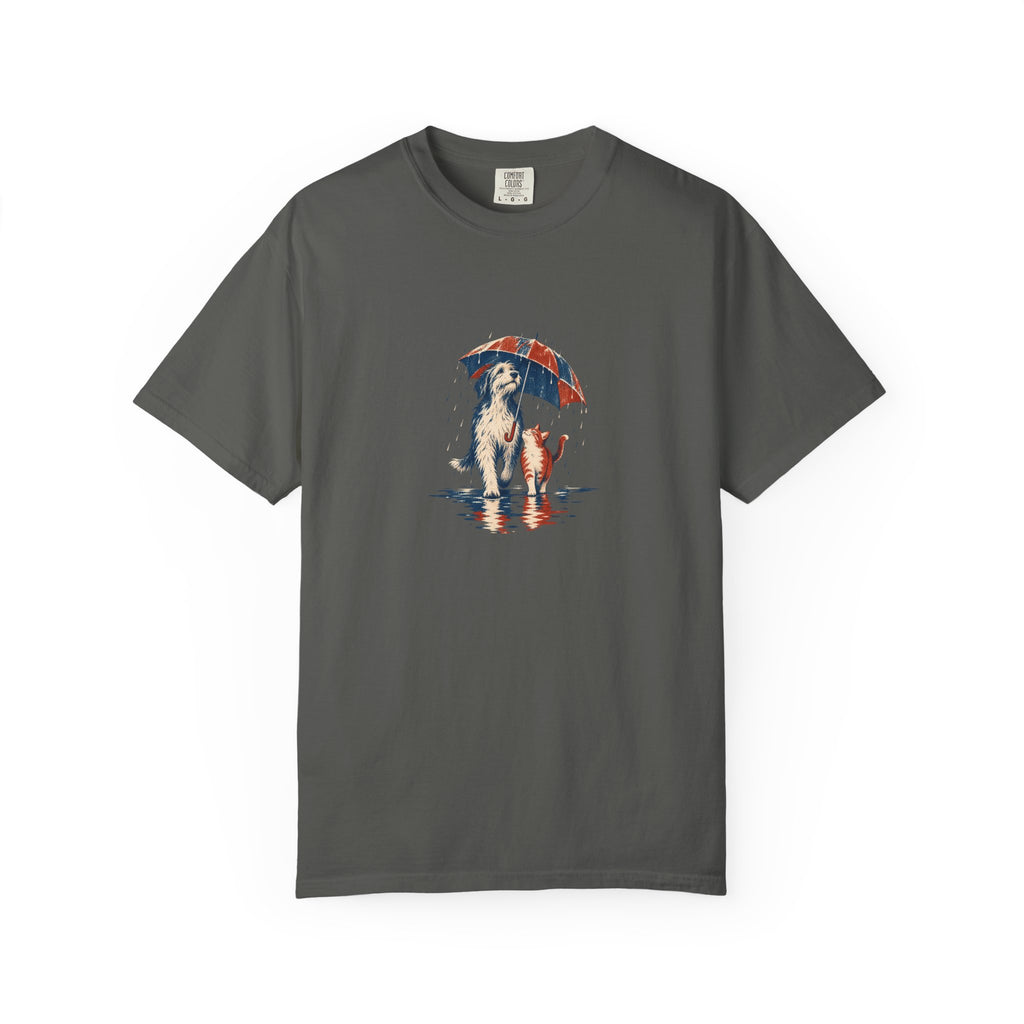 Pepper Comfort Colors 1717 t-shirt with a dog and cat sharing one umbrella in the rain, aged screenprint-style graphic