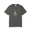Pepper Comfort Colors 1717 t-shirt with a dog and cat sharing one umbrella in the rain, aged screenprint-style graphic