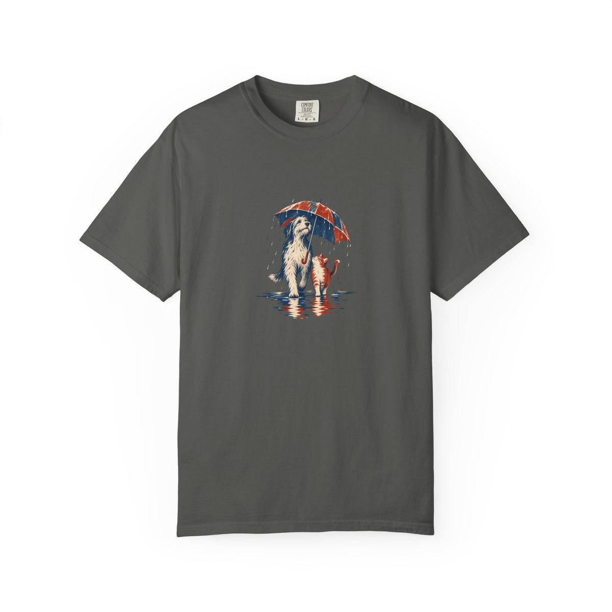 Pepper Comfort Colors 1717 t-shirt with a dog and cat sharing one umbrella in the rain, aged screenprint-style graphic