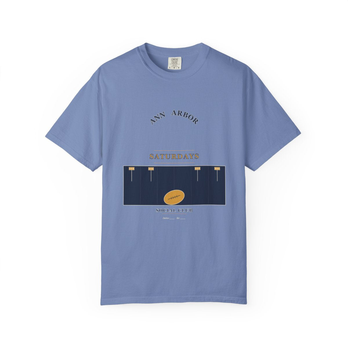 Ann Arbor Social Club T-Shirt | 1930s Mascot Badge Ann Arbor Football Tee | Gift for College Football Fans flat front in Washed Denim
