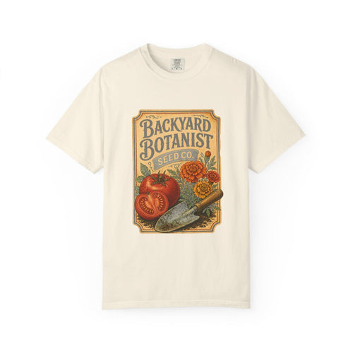 Backyard Botanist Seed Co Tee flat front in Ivory