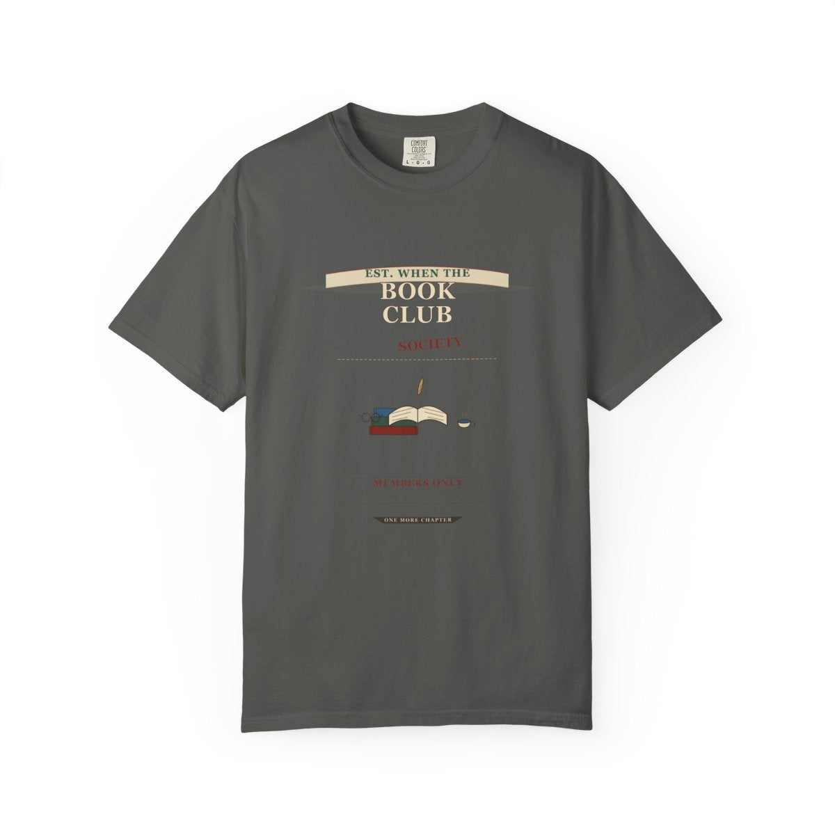 Book Club Society T-Shirt | Vintage Object Label Book Club Tee | Gift for Book Club Readers flat front in Pepper