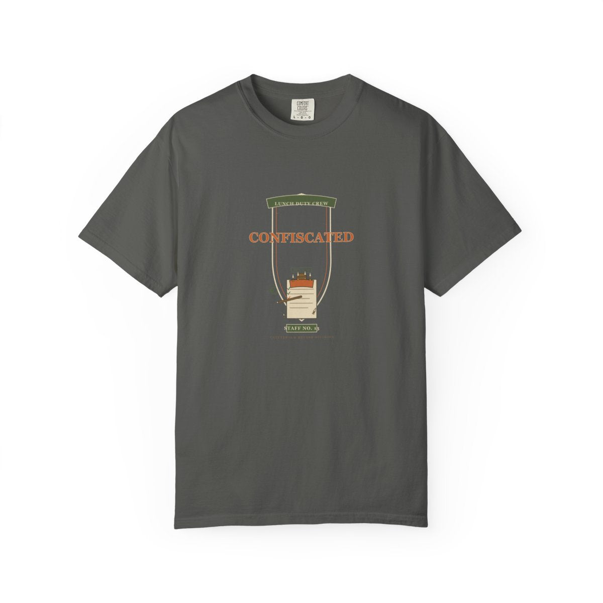 Candy Corn Confiscated Daily Tee flat front in Pepper
