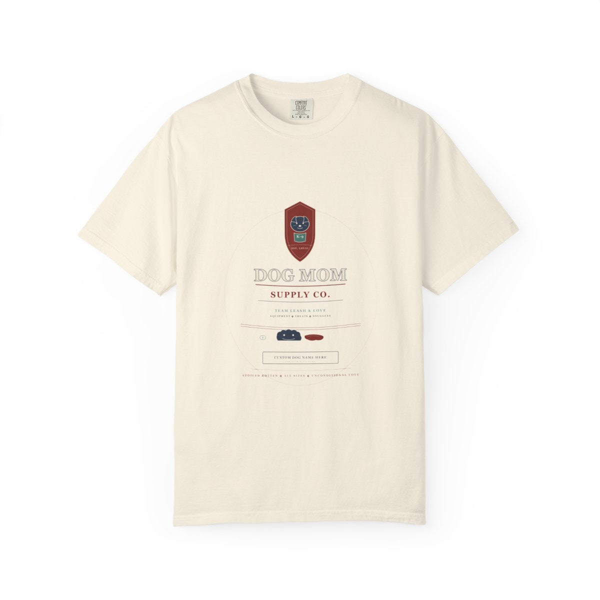 Dog Mom Supply Co. T-Shirt | Rec League Crest Dog Mom Tee | Gift for Dog Moms flat front in Ivory