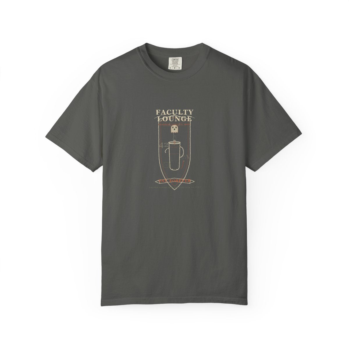 Faculty Lounge, Est. Forever Tee flat front in Pepper