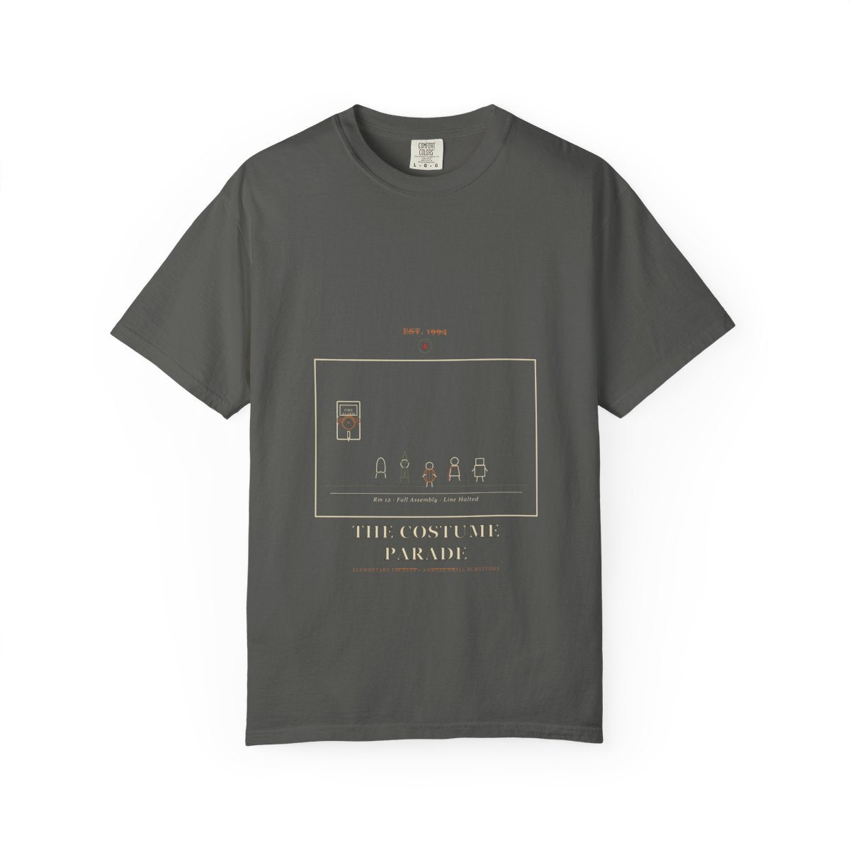 Fire Drill Interrupted The Costume Parade Tee flat front in Pepper