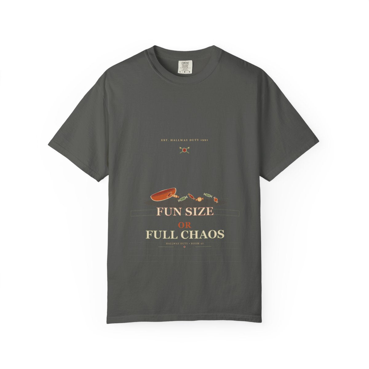 Fun Size Or Full Chaos Tee flat front in Pepper