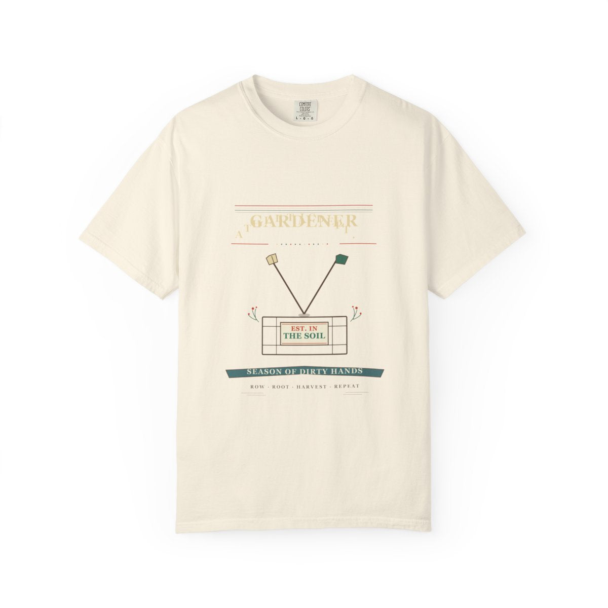 Gardener Athletic Dept. T-Shirt | 1970s Souvenir Tee Gardener Tee | Gift for Gardeners flat front in Ivory