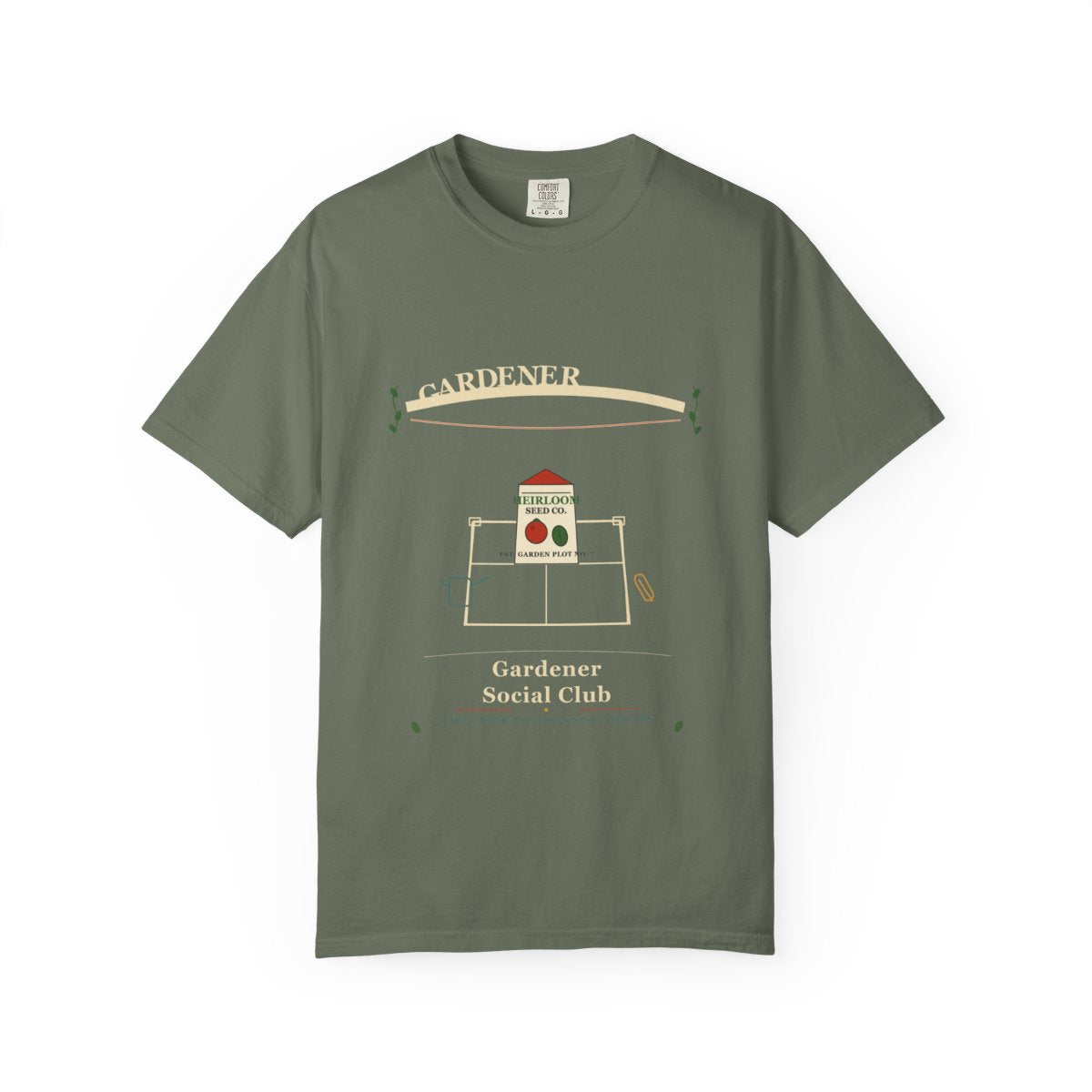 Gardener Social Club Tee flat front in Moss