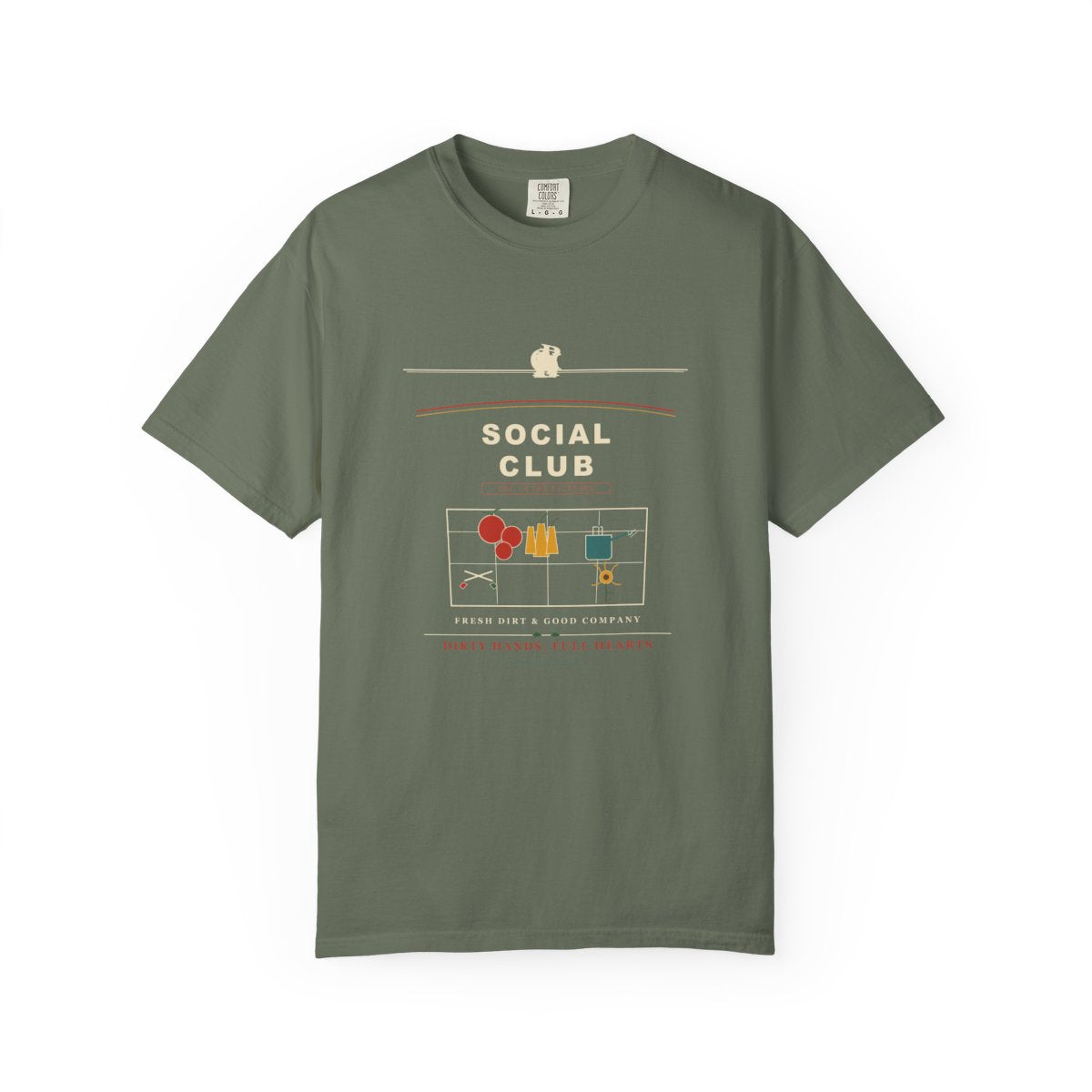 Gardener Social Club T-Shirt | Vintage Object Label Gardener Tee | Gift for Gardeners flat front in Moss