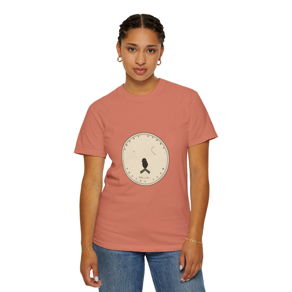 Ghost Story Social Club T-Shirt | 1930s Mascot Badge Ghost Story Tee | Gift for Halloween Shoppers - Terracotta