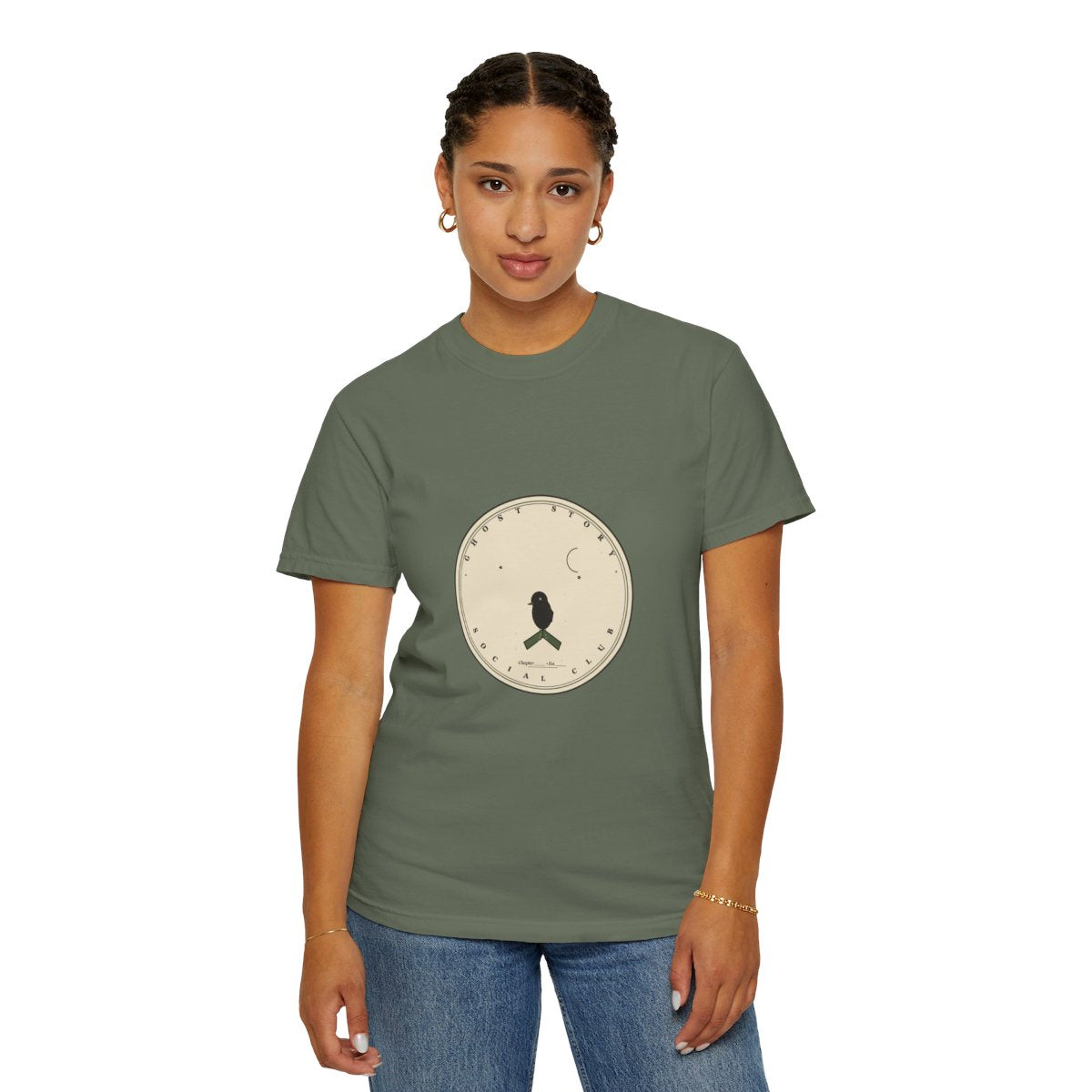 Ghost Story Social Club T-Shirt | 1930s Mascot Badge Ghost Story Tee | Gift for Halloween Shoppers - Moss