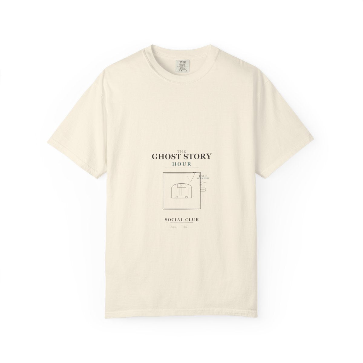 Ghost Story Social Club T-Shirt | 1930s Mascot Badge Ghost Story Tee | Gift for Halloween Shoppers flat front in Ivory