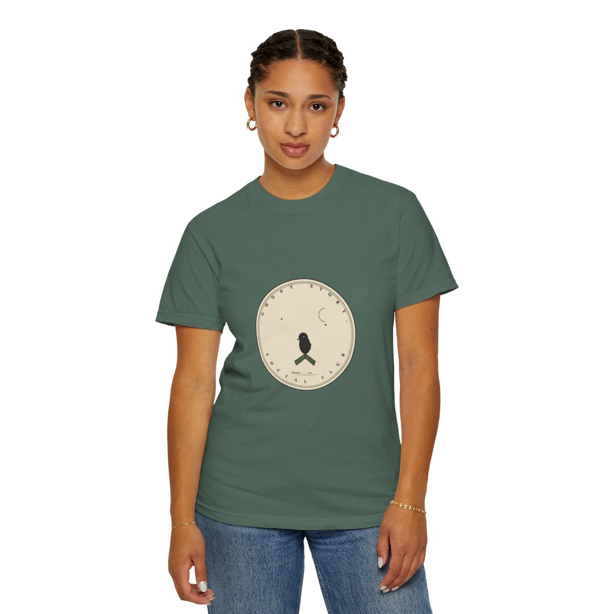 Ghost Story Social Club T-Shirt | 1930s Mascot Badge Ghost Story Tee | Gift for Halloween Shoppers - Blue Spruce