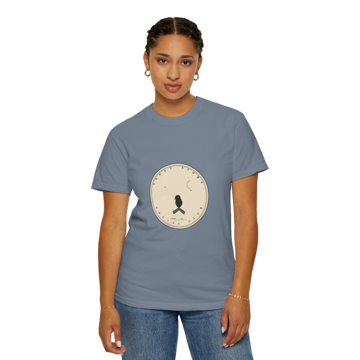 Ghost Story Social Club T-Shirt | 1930s Mascot Badge Ghost Story Tee | Gift for Halloween Shoppers - Blue Jean