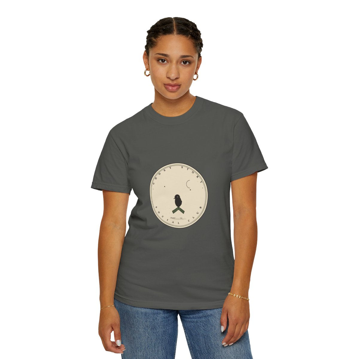 Ghost Story Social Club T-Shirt | 1930s Mascot Badge Ghost Story Tee | Gift for Halloween Shoppers - Pepper