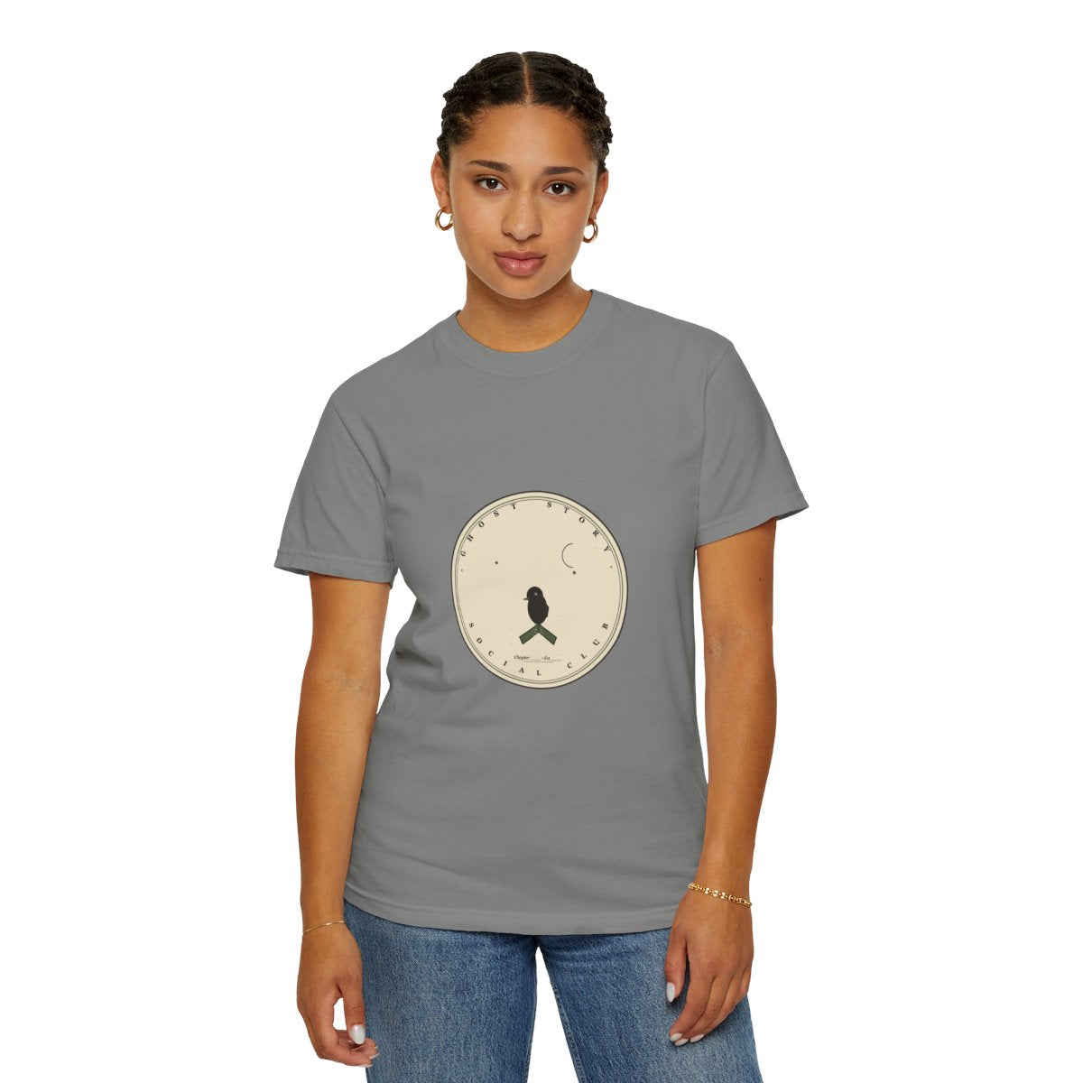 Ghost Story Social Club T-Shirt | 1930s Mascot Badge Ghost Story Tee | Gift for Halloween Shoppers - Granite