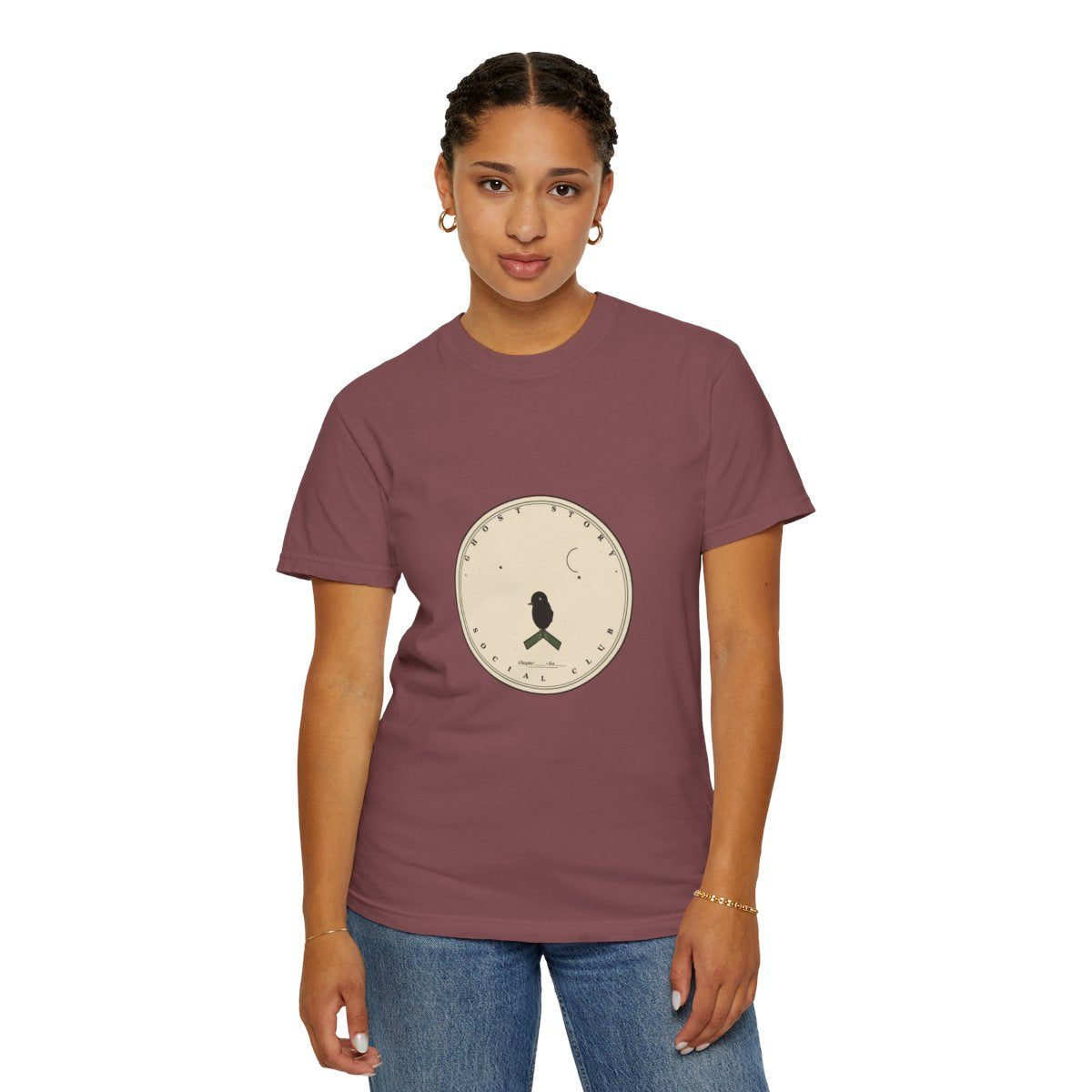 Ghost Story Social Club T-Shirt | 1930s Mascot Badge Ghost Story Tee | Gift for Halloween Shoppers - Brick